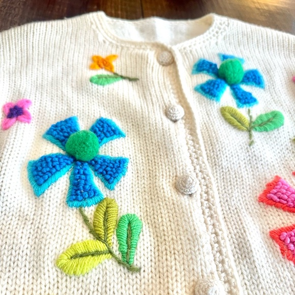Phil Rose | 1960s Whimsical 3D Flower Knit Wool Sweater Cardigan - Picture 2 of 11